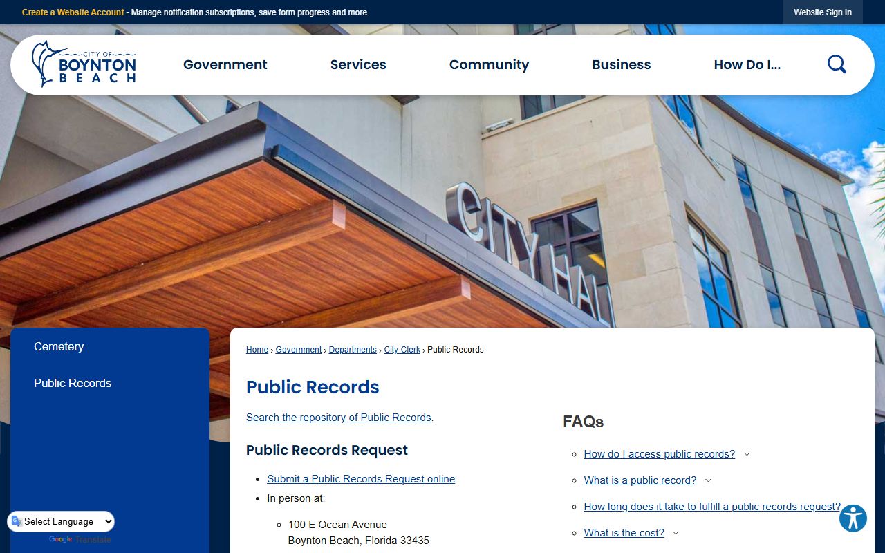 Boynton Beach City Public Records Portal showing booking and release records