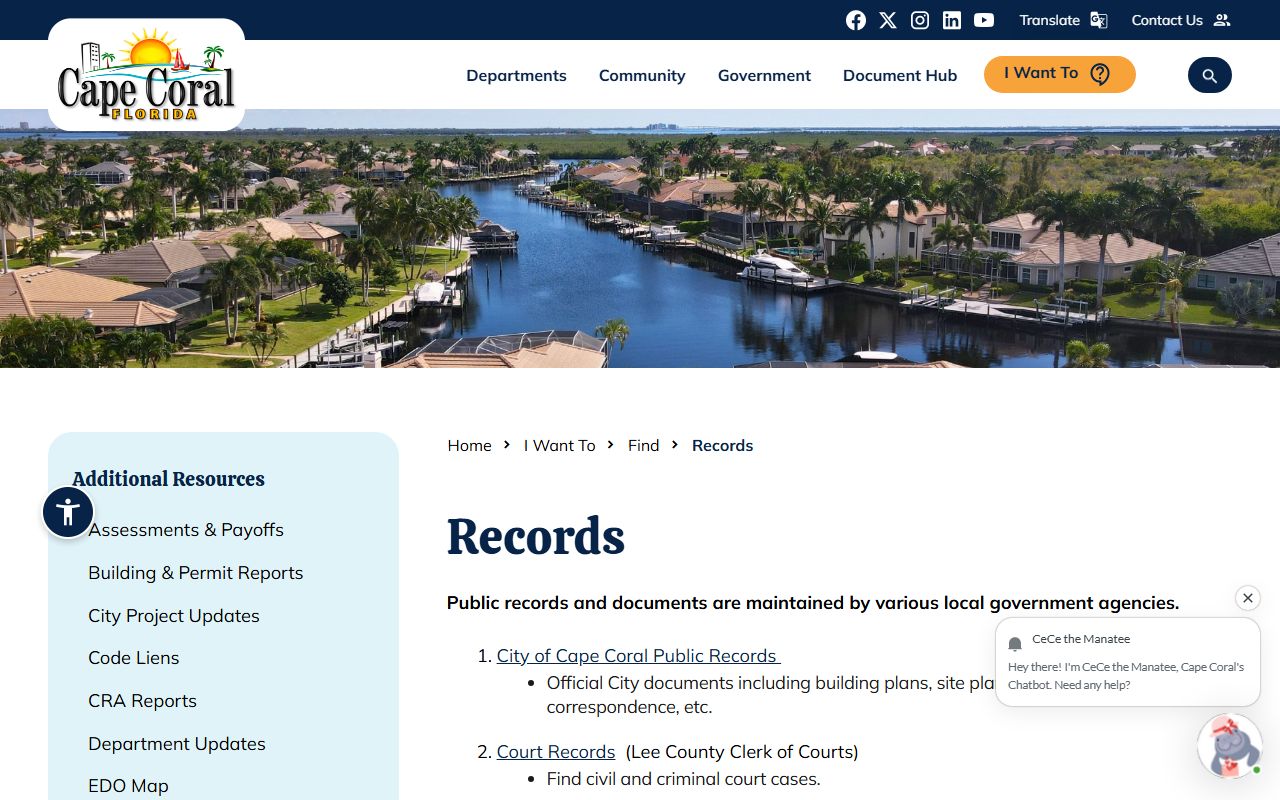 Cape Coral City Public Records Portal showing booking and release records