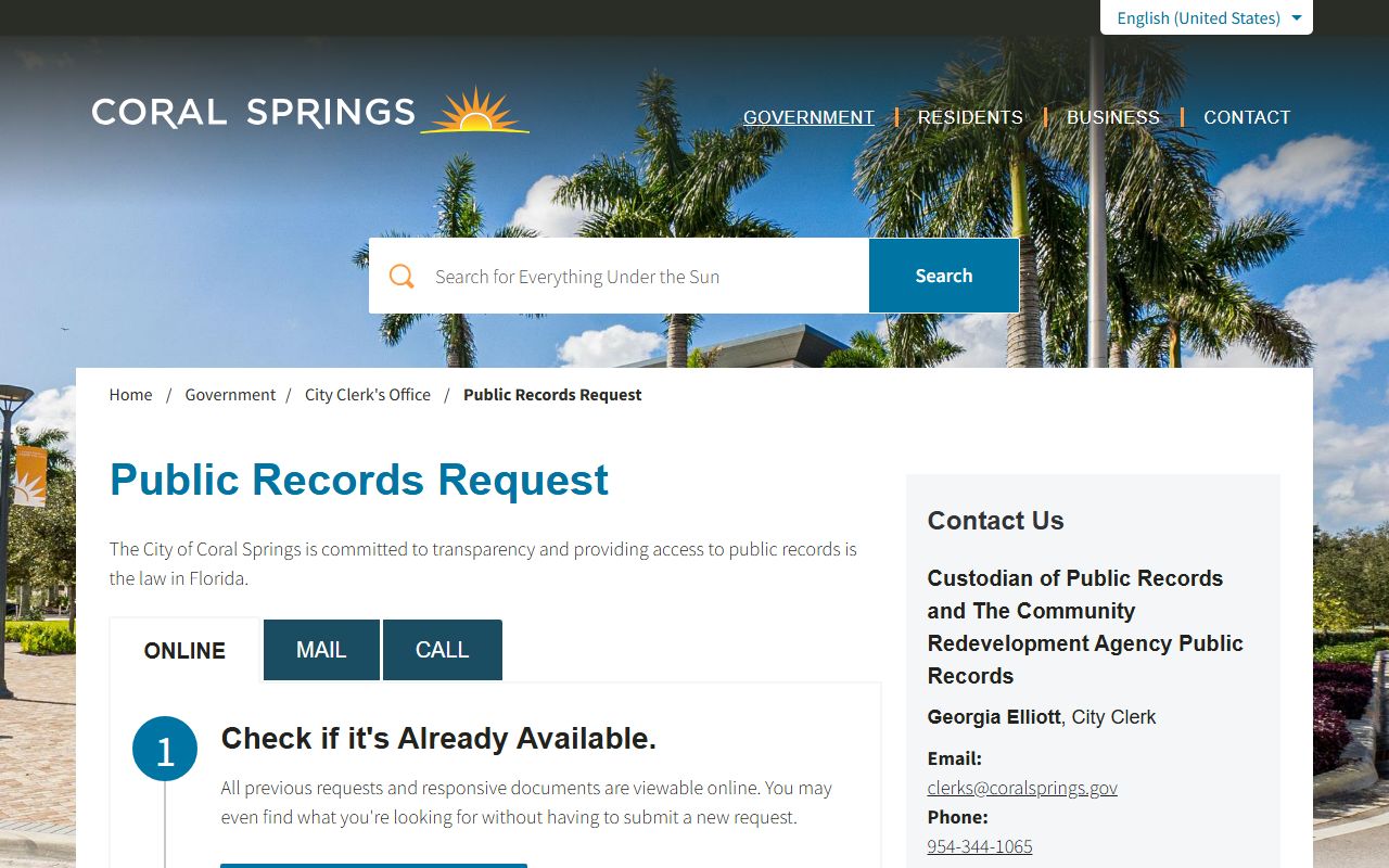 Coral Springs City Clerk Records Info showing booking and release records