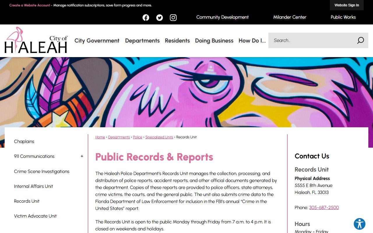 Hialeah Police Records Unit Info page