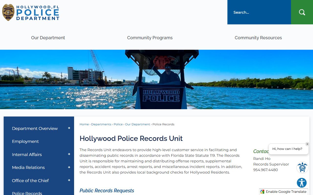 Hollywood Police Records Unit Info page