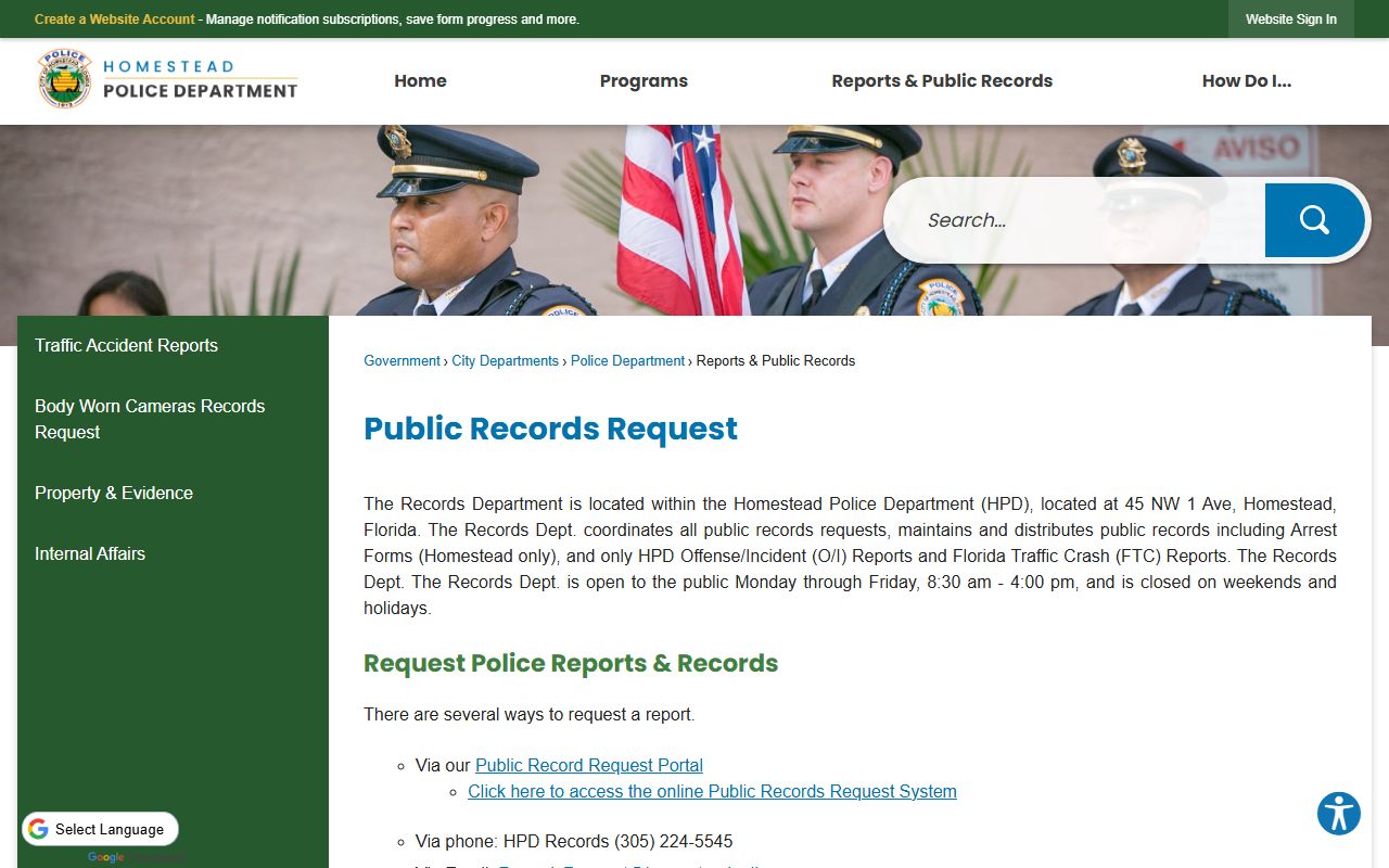 Homestead Police Records Unit Info page