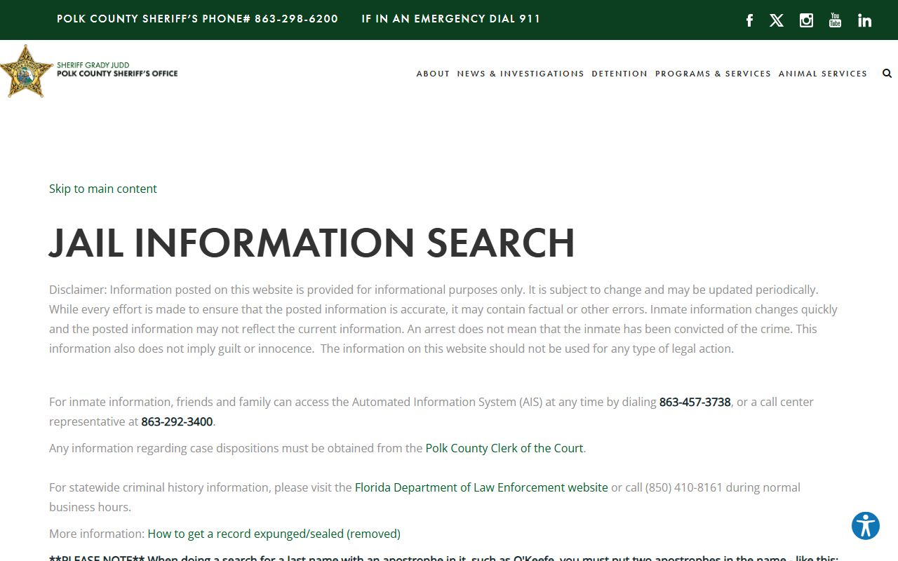 Lakeland inmate search portal showing booking and release information