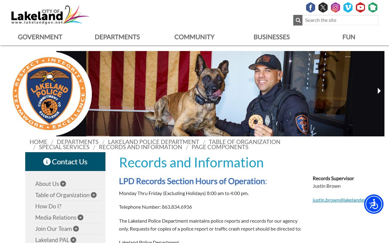 Lakeland Police Records Unit Info page