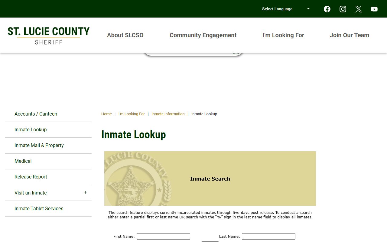 Port St. Lucie booking releases search portal showing current inmates