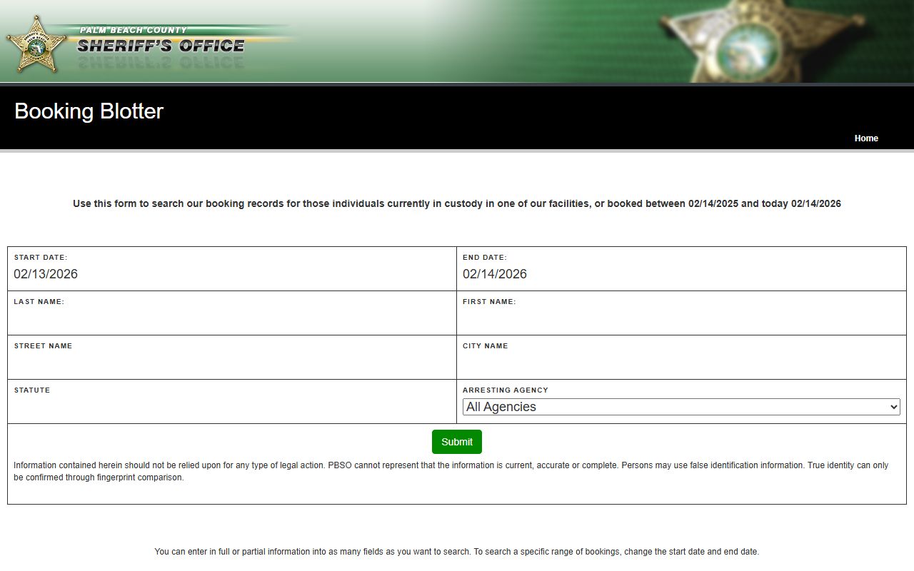 West Palm Beach booking releases search portal showing current inmates