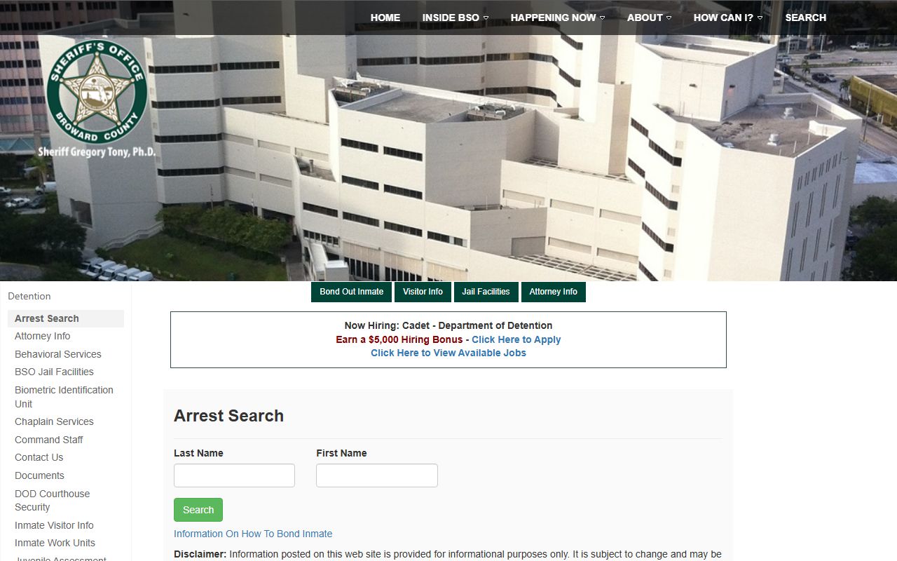 Broward County Arrest Search showing booking and release search options