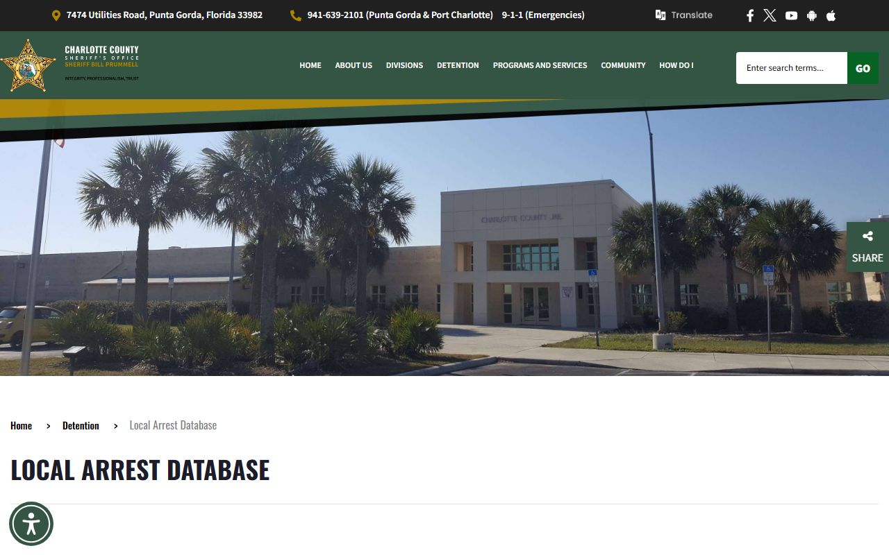 Charlotte County Arrest Database showing booking and release search options