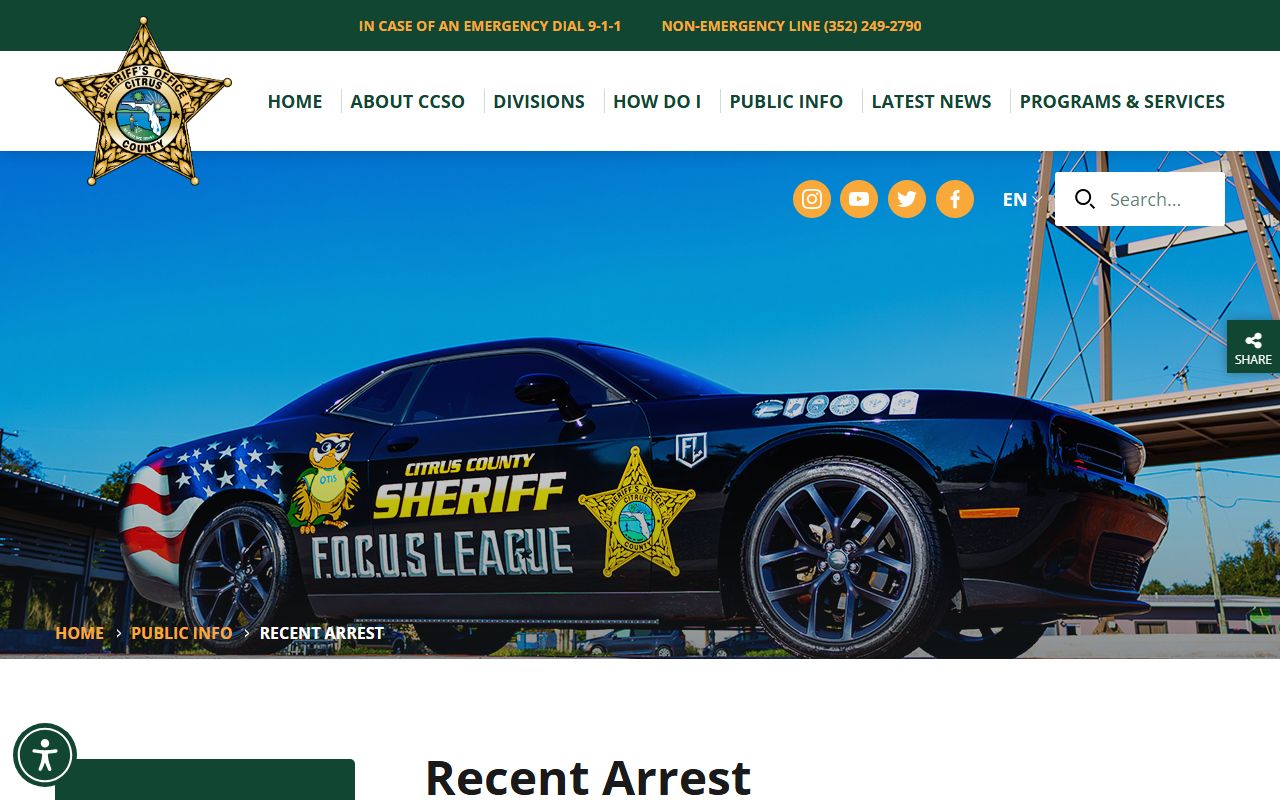 Citrus County Recent Arrests showing booking and release search options