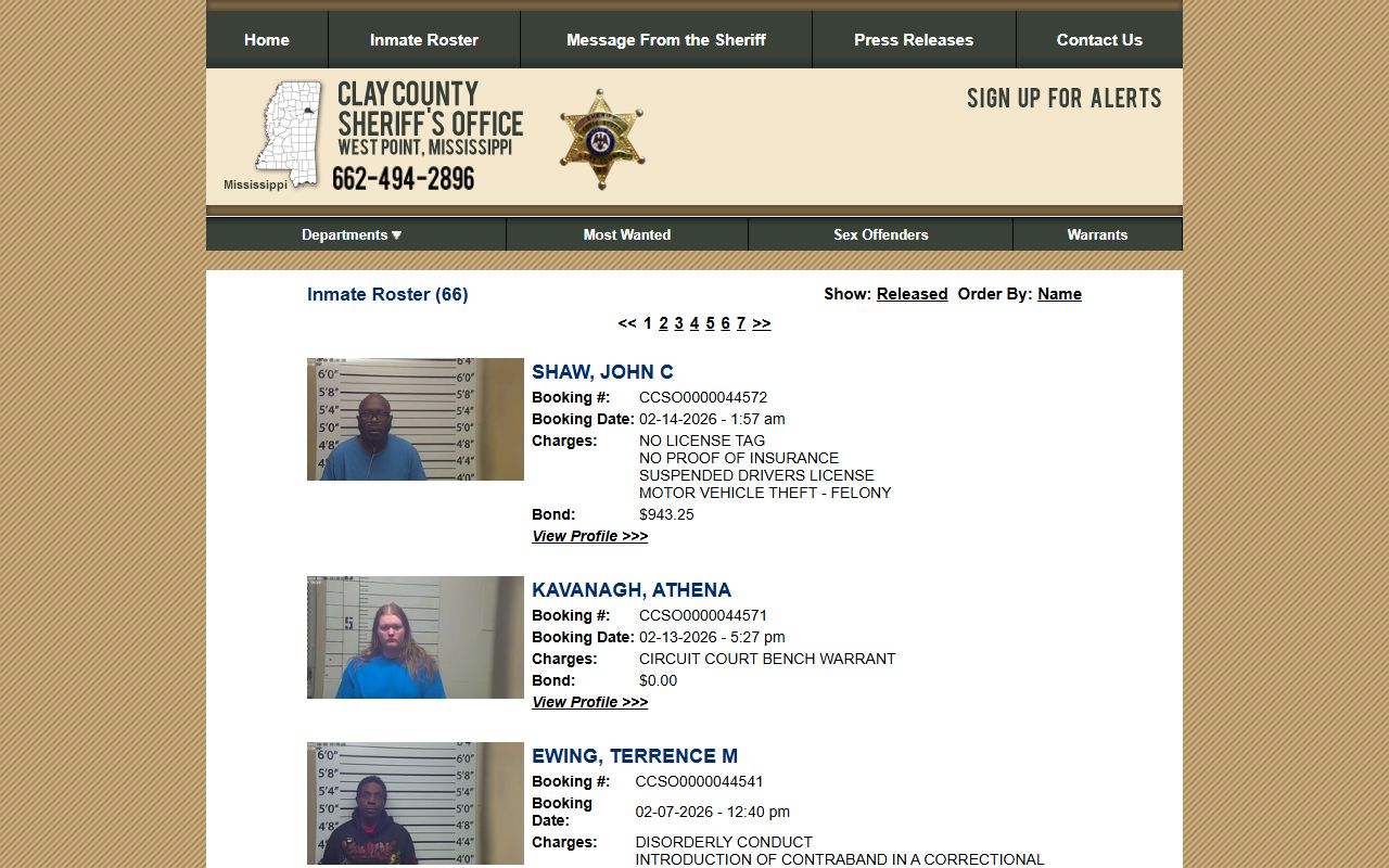 Clay County Inmate Roster showing booking and release search options