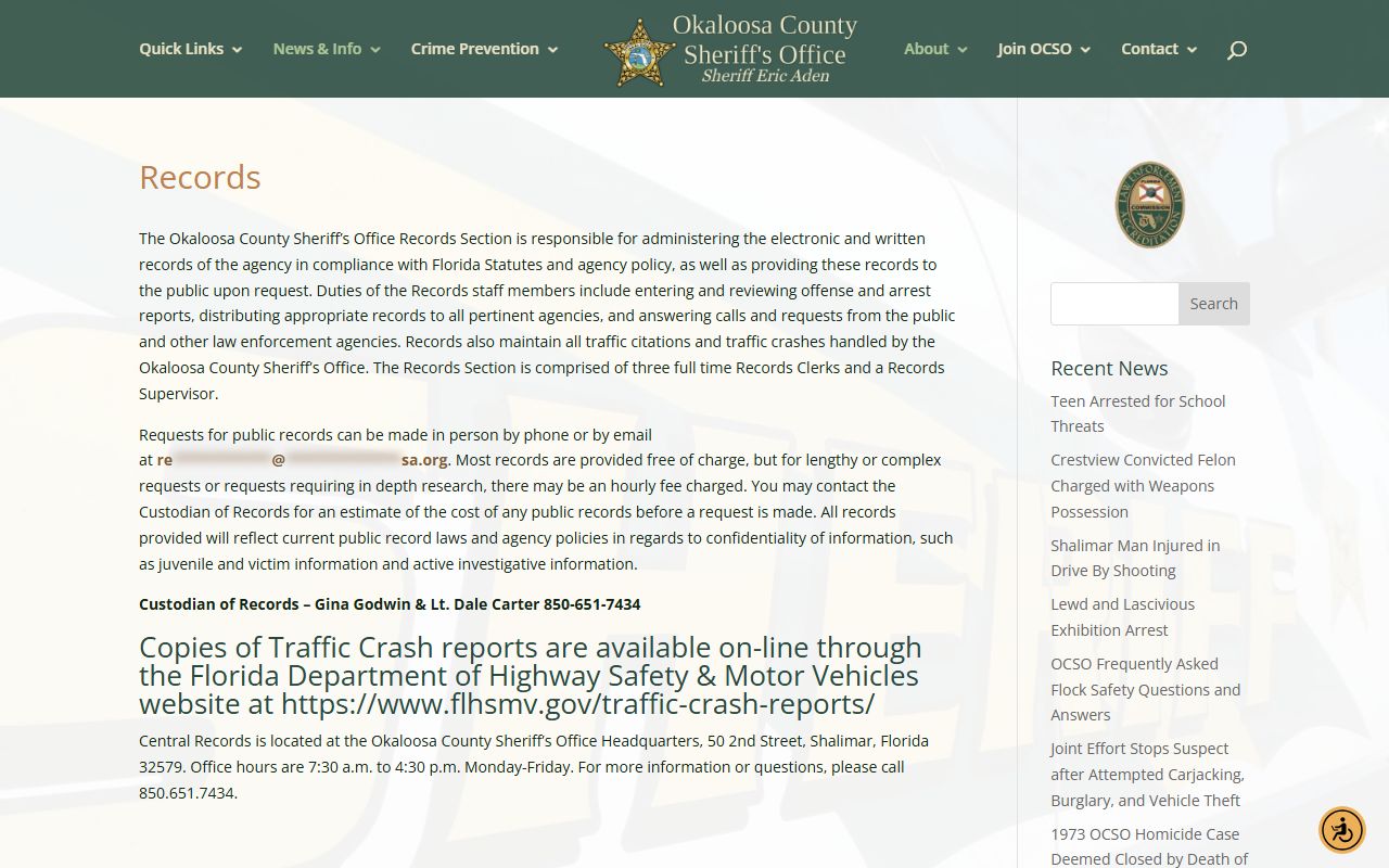 Okaloosa County Records Division for booking and release records