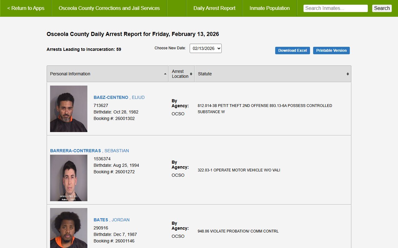 Osceola County Arrest Reports for booking and release records