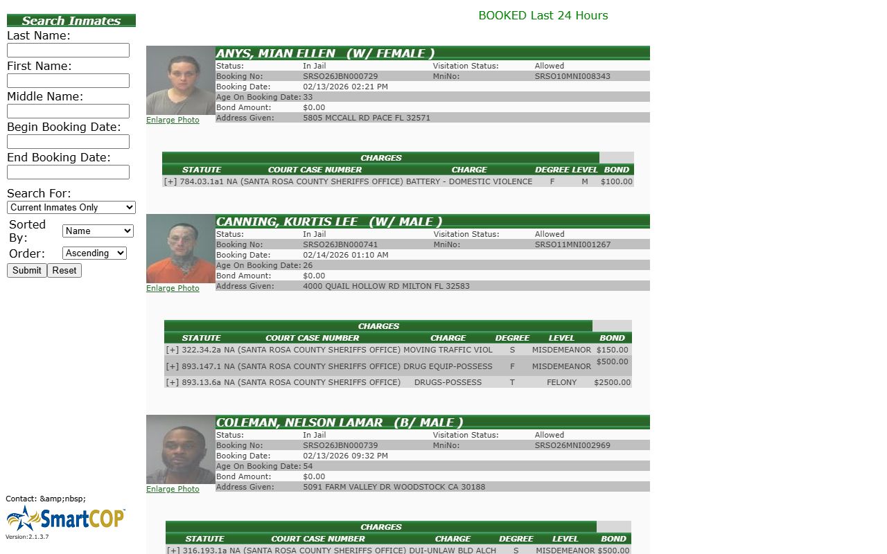 Santa Rosa County Jail View for booking and release records