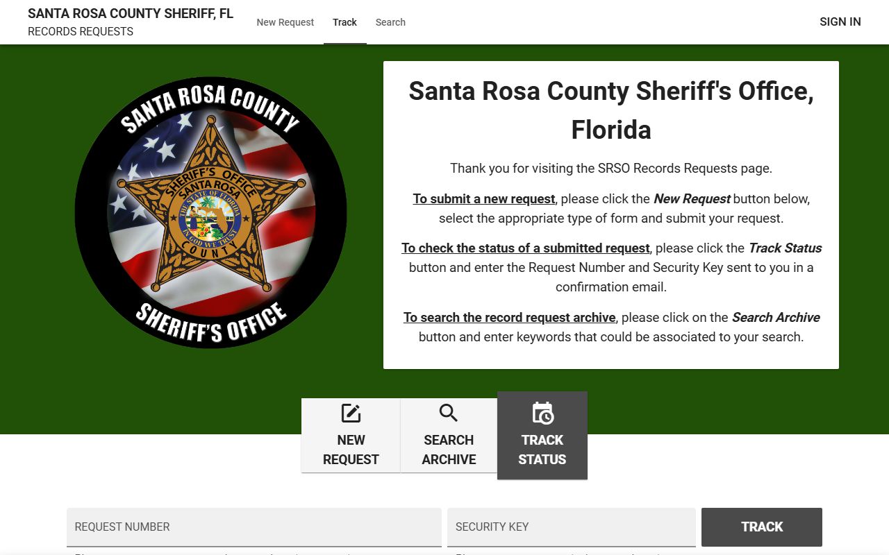 Santa Rosa County Records Request for booking and release records