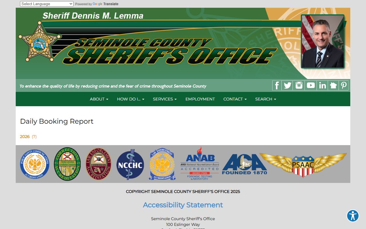 Seminole County Daily Booking Report for booking and release records