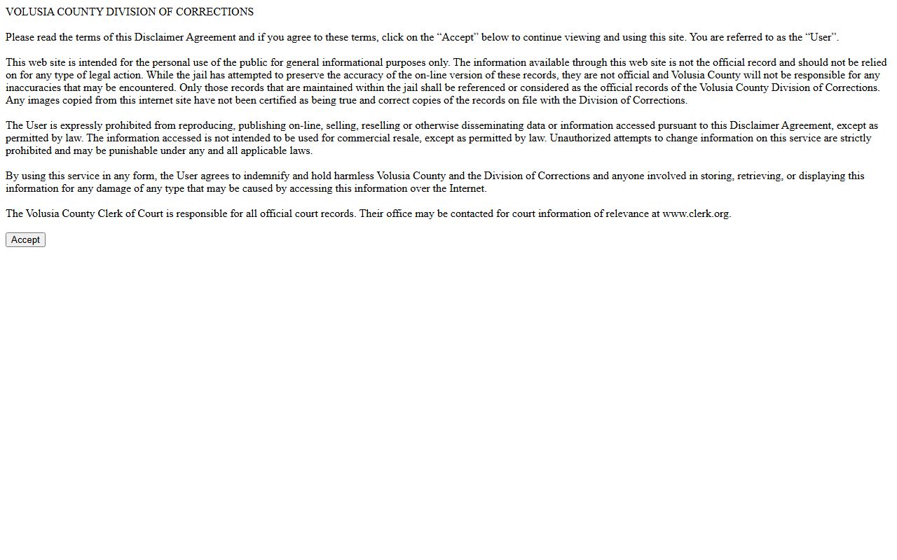 Volusia County Inmate Search Disclaimer for booking and release records