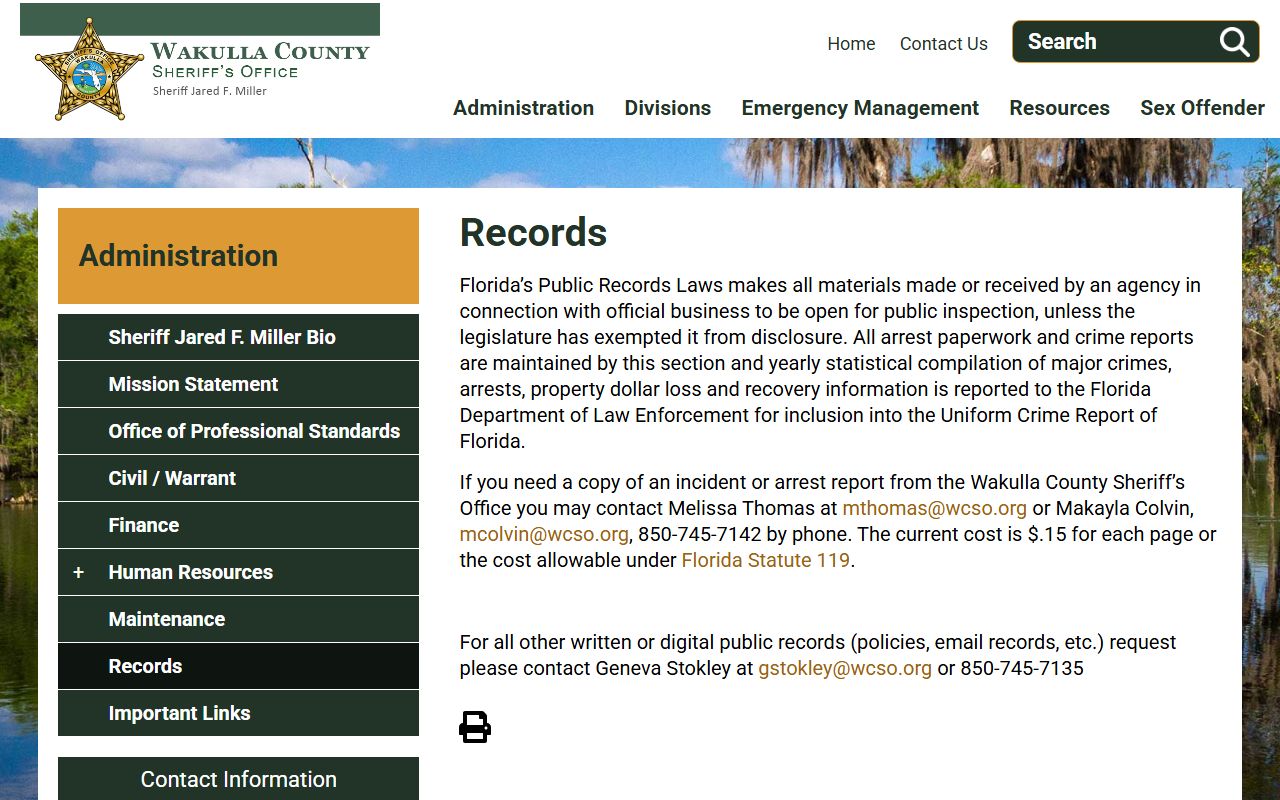 Wakulla County Records Page for booking and release records