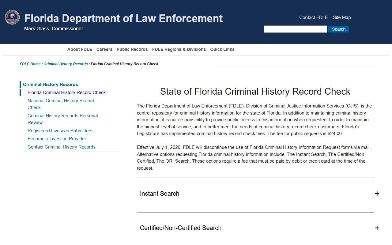 Florida FDLE criminal history search portal showing instant search options