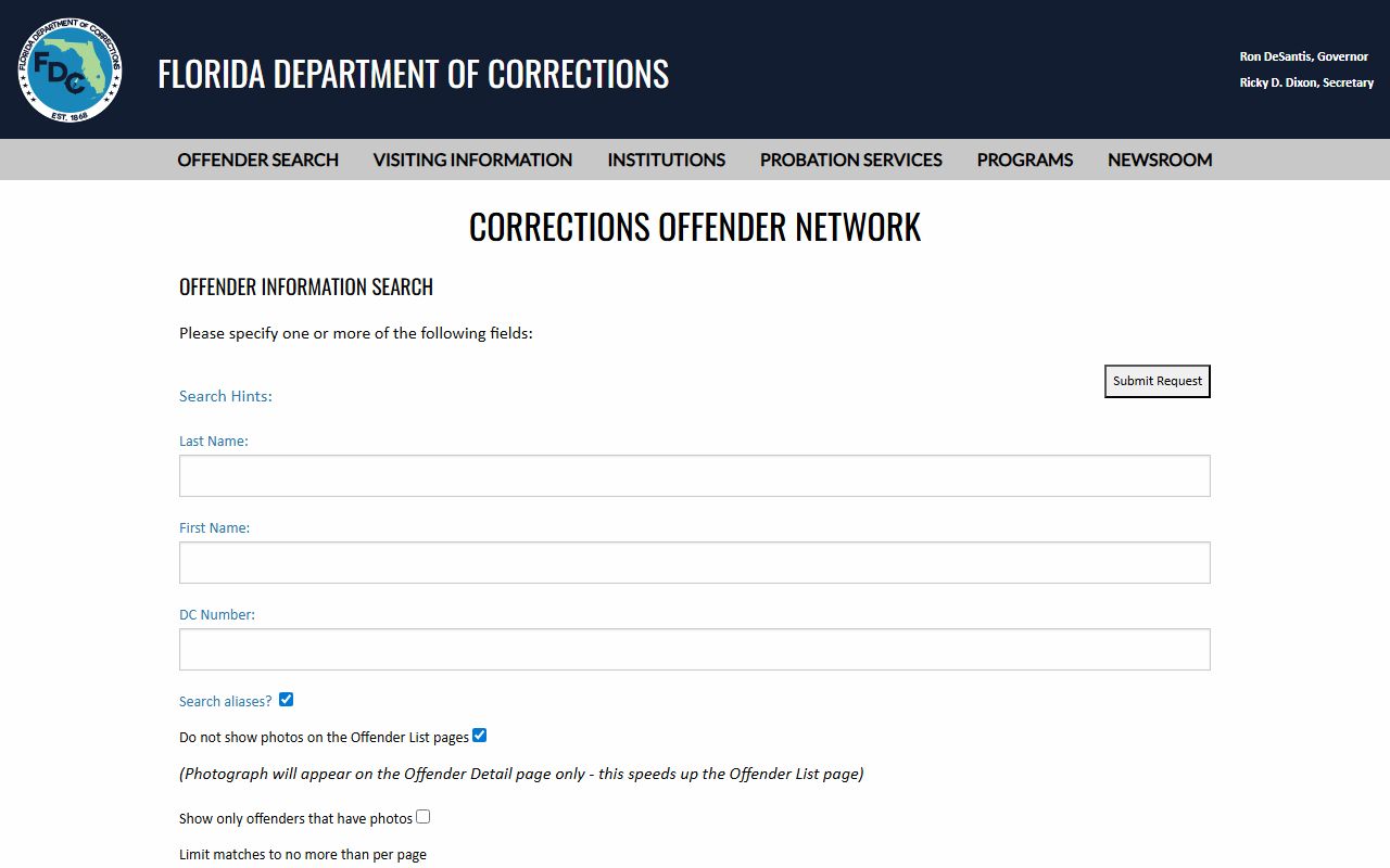 Florida Department of Corrections offender database search page