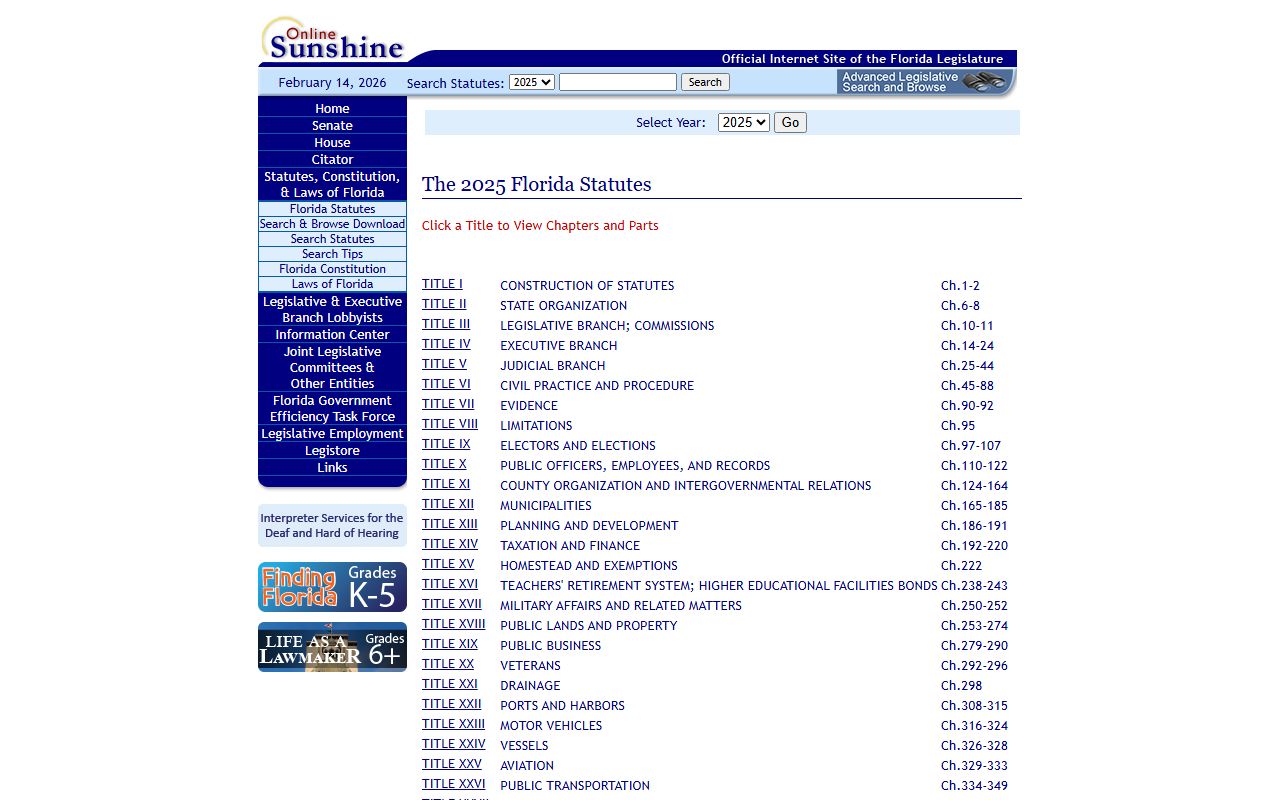 Official Florida Statutes website showing searchable database of state laws