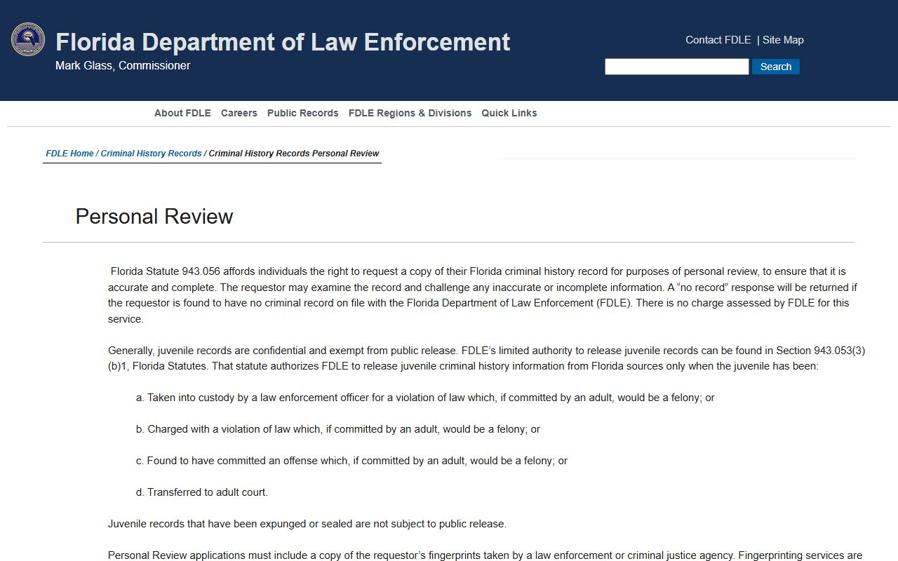 FDLE personal review information page for reviewing your own criminal record