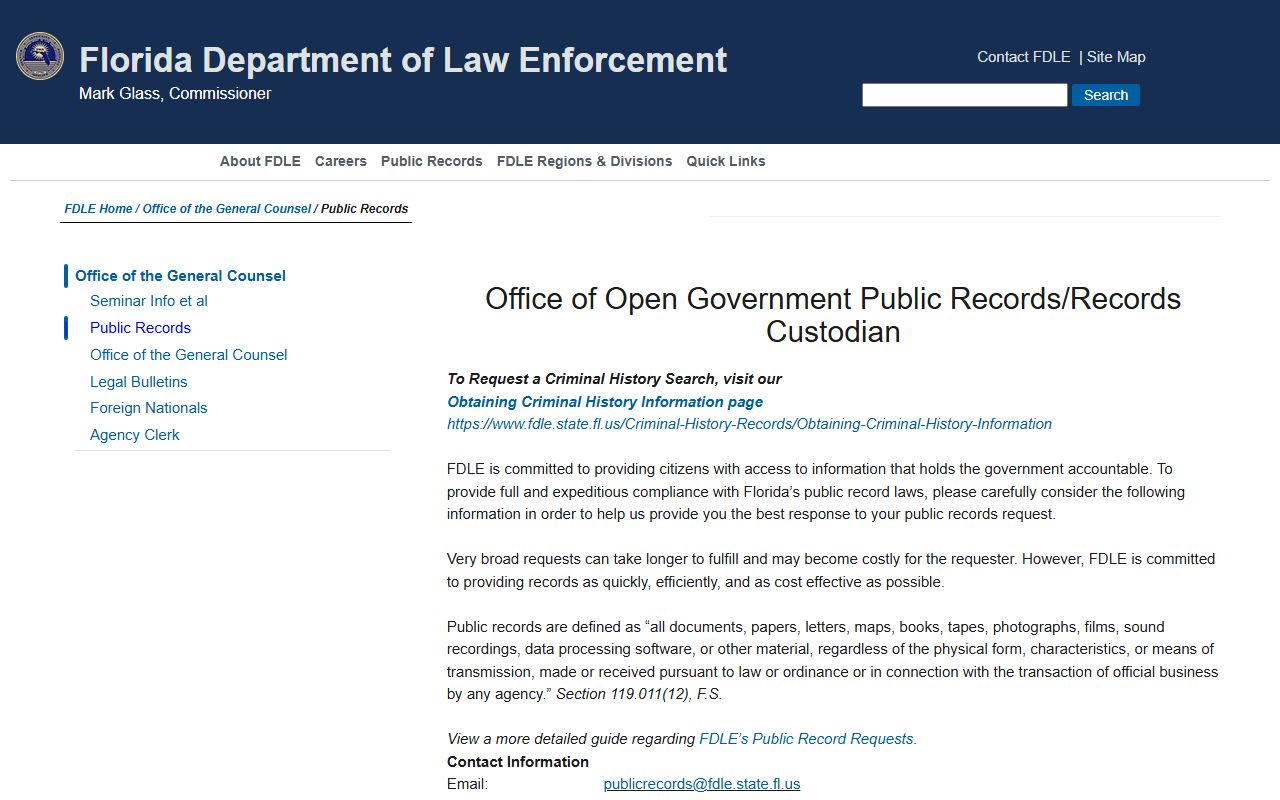 Florida Department of Law Enforcement public records policy page