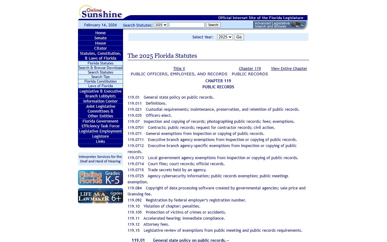 Florida Statute Chapter 119 public records law text